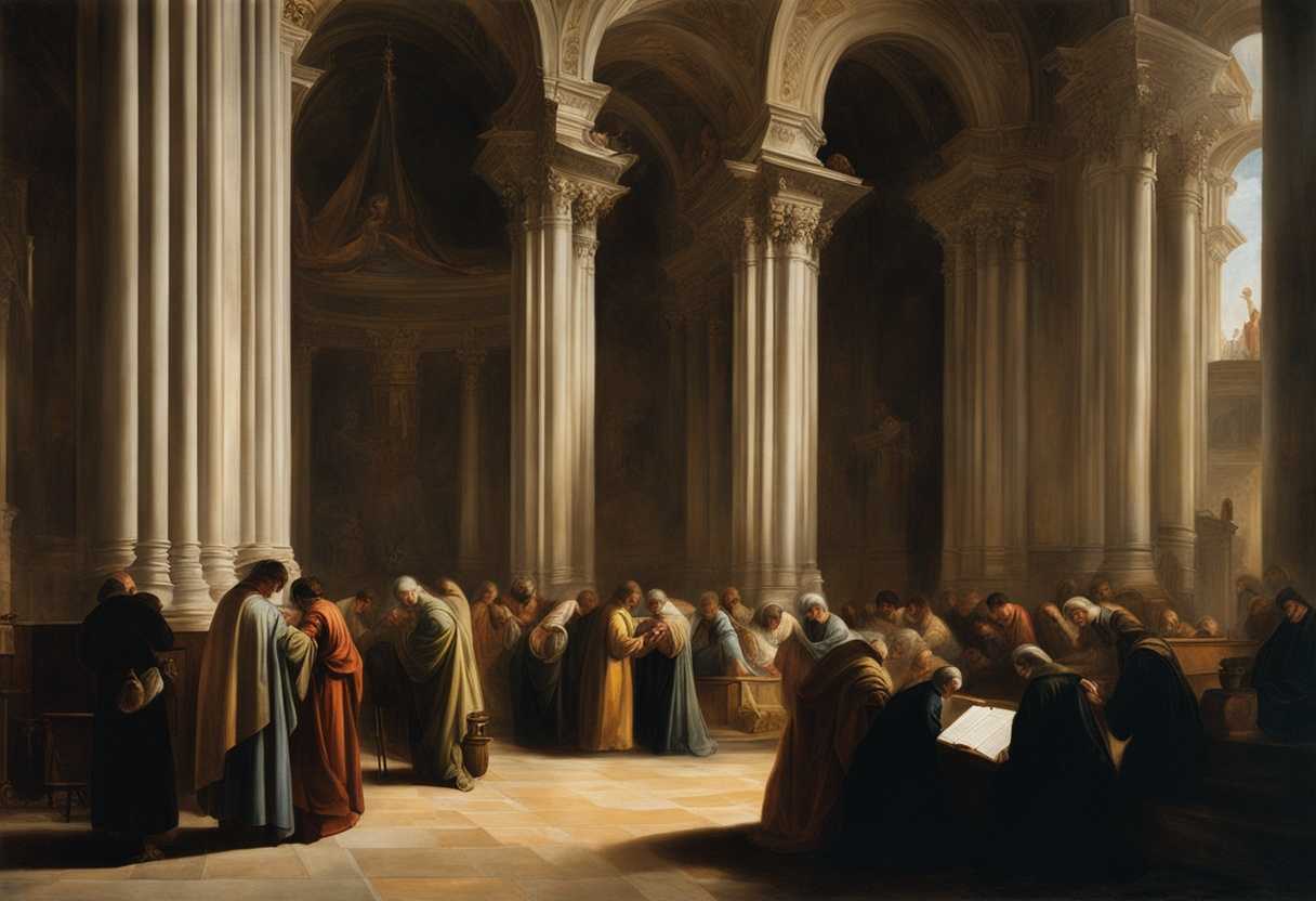 People-in-a-church-heads-bowed-in-prayer-bathed-in-soft-light-feeling-connected-to-a-higher-power_uxbb