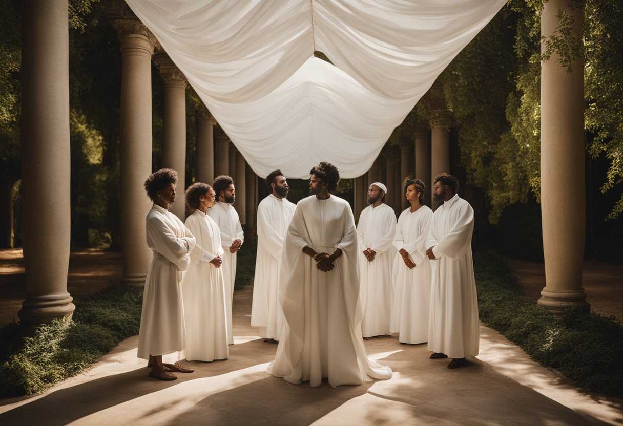 A-diverse-group-of-individuals-in-white-attire-standing-united-in-reverence-under-a-warm-glowing-c_zykn