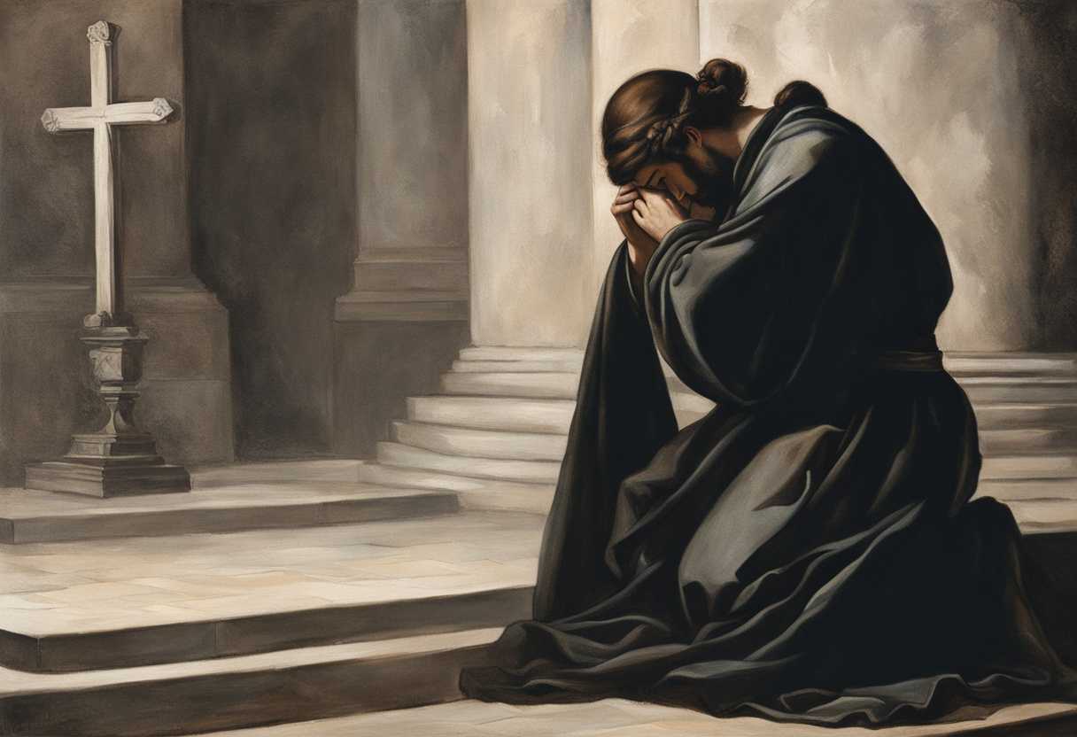 A-person-kneels-in-prayer-before-a-cross-surrounded-by-solemn-emotional-atmosphere_xvvt