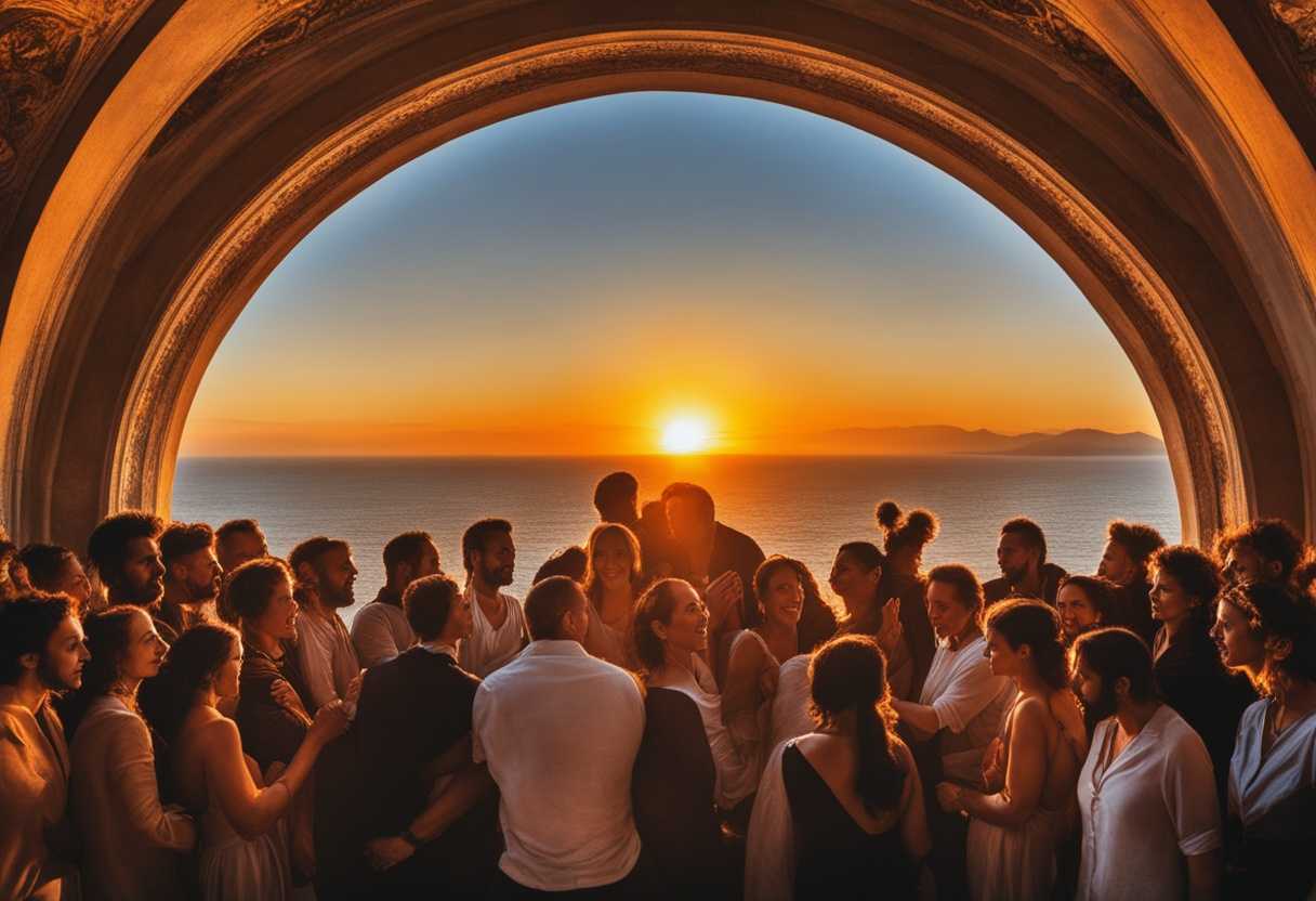 People-in-a-circle-at-sunset-faces-glowing-relaxed-and-connected-embodying-freedom-and-unity_cnnc