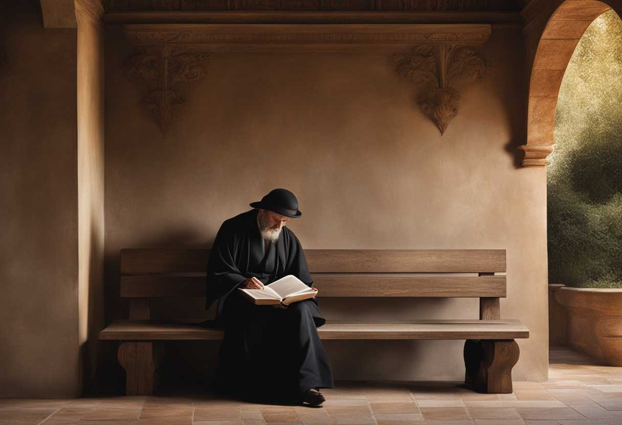 A-person-sits-on-a-wooden-bench-bathed-in-soft-light-reading-with-a-contemplative-expression_uera
