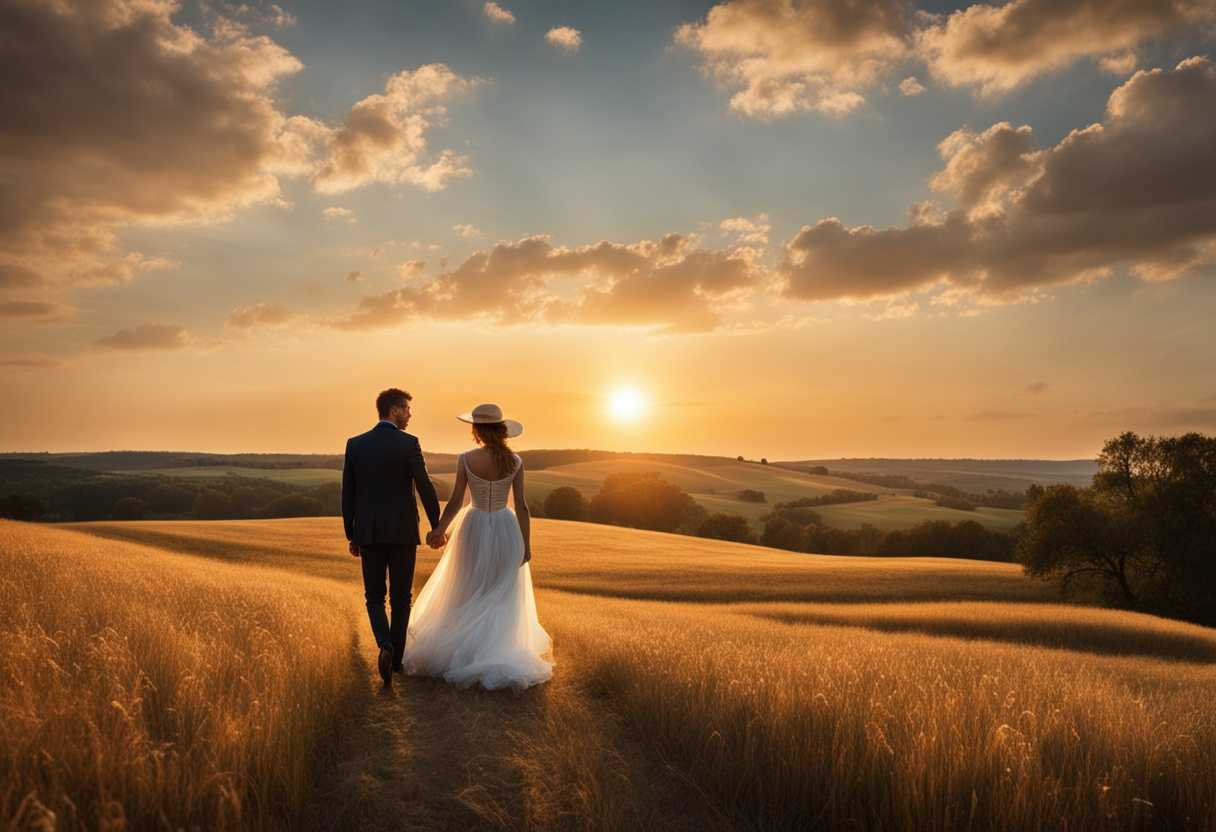 Couple-in-a-sunlit-field-holding-hands-exuding-grace-and-love-in-nature's-embrace_eiyg