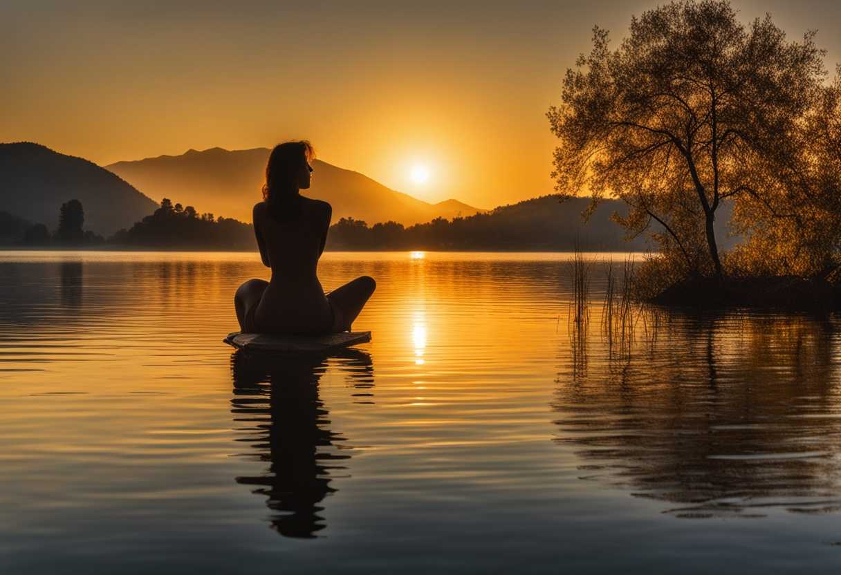 Silhouetted-figure-at-peaceful-lake-bathed-in-golden-light-exuding-tranquility-and-connection-with_noej