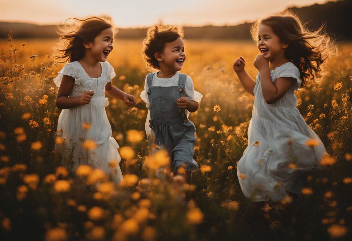 Children-laughing-in-a-field-of-wildflowers-at-sunset-embodying-innocence-joy-and-carefree-happin_phli