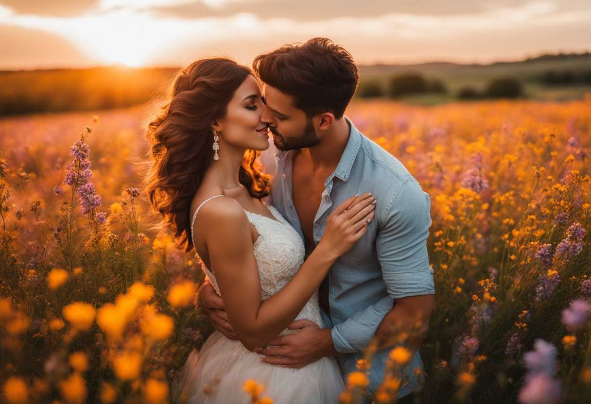Couple-embraces-in-wildflower-field-at-sunset-surrounded-by-vibrant-colors-and-romantic-atmosphere_otnj