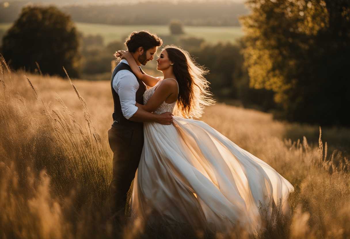 Couple-embraces-in-a-sunlit-field-flowing-dress-serene-backdrop-intimate-connection-love_nnno