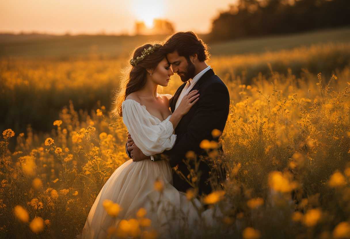 A-couple-embraces-in-a-field-of-wildflowers-bathed-in-warm-golden-light_emcu