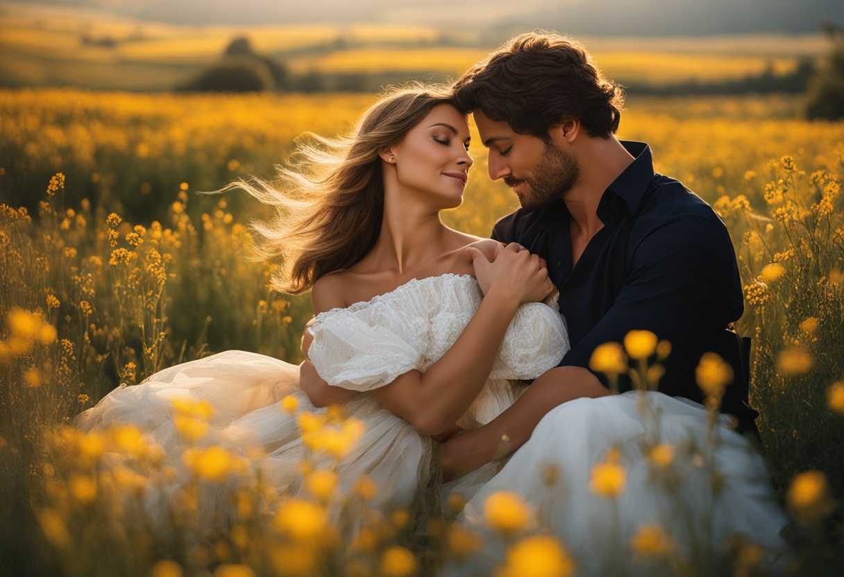 A-couple-in-a-sunlit-wildflower-field-holding-hands-gazing-lovingly-sharing-a-tender-moment_fedc