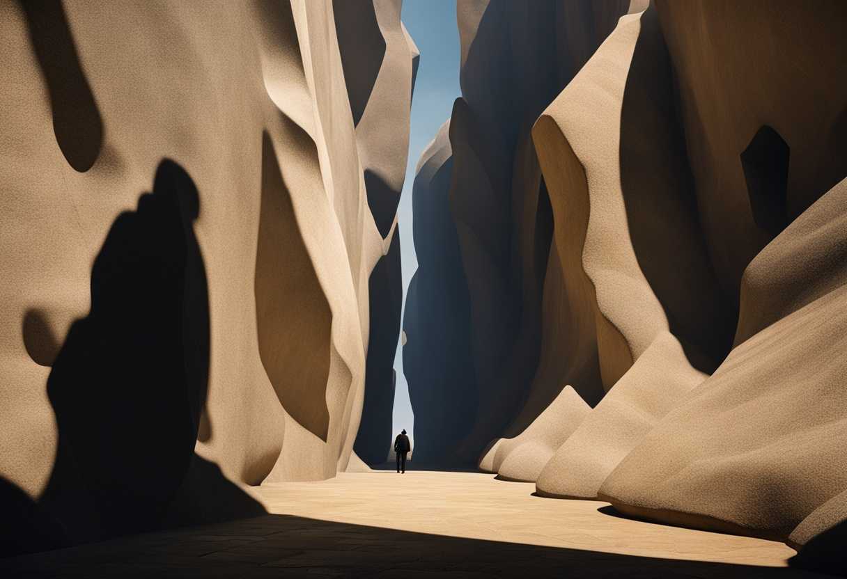 A-lone-figure-hesitates-before-a-towering-jagged-stone-caught-between-light-and-shadow_aofw