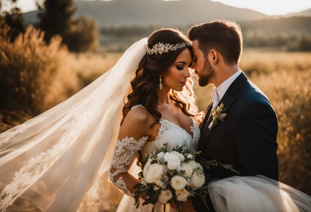 Bride-and-groom-embrace-in-golden-light-lace-veil-radiating-love-elegance-and-serenity_sjbf