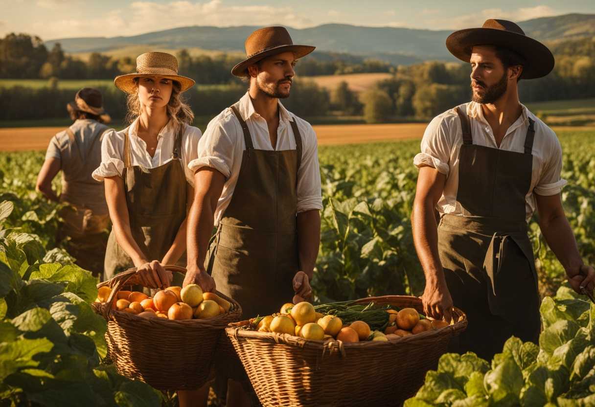 Young-farmers-harvest-crops-in-a-sunlit-field-muscles-tense-with-determination-faces-focused_fiwv