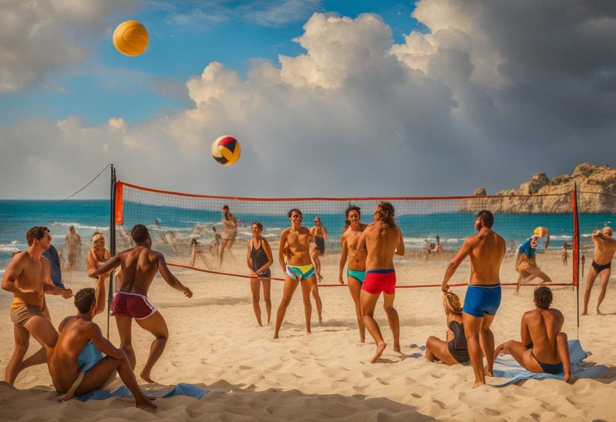 Friends-playing-beach-volleyball-under-the-sun-surrounded-by-colorful-towels-and-swimsuits_mxqo