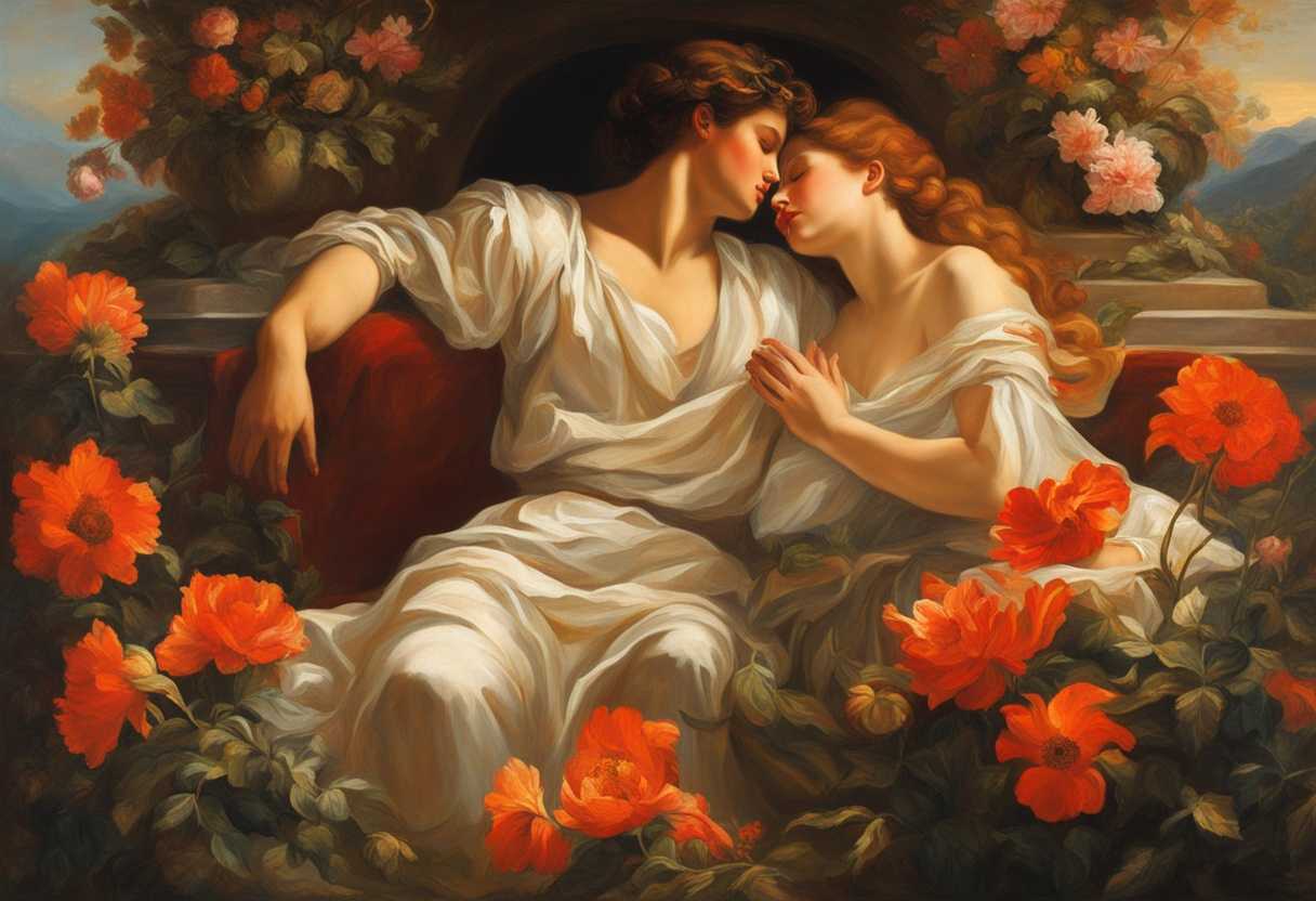 A-couple-embraces-under-warm-sunlight-surrounded-by-blooming-flowers-and-vibrant-colors_ntxs