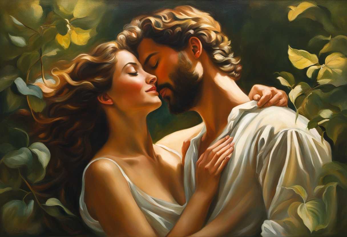 A-couple-entwined-in-sunlight-surrounded-by-greenery-sharing-whispers-and-tender-smiles_acsi