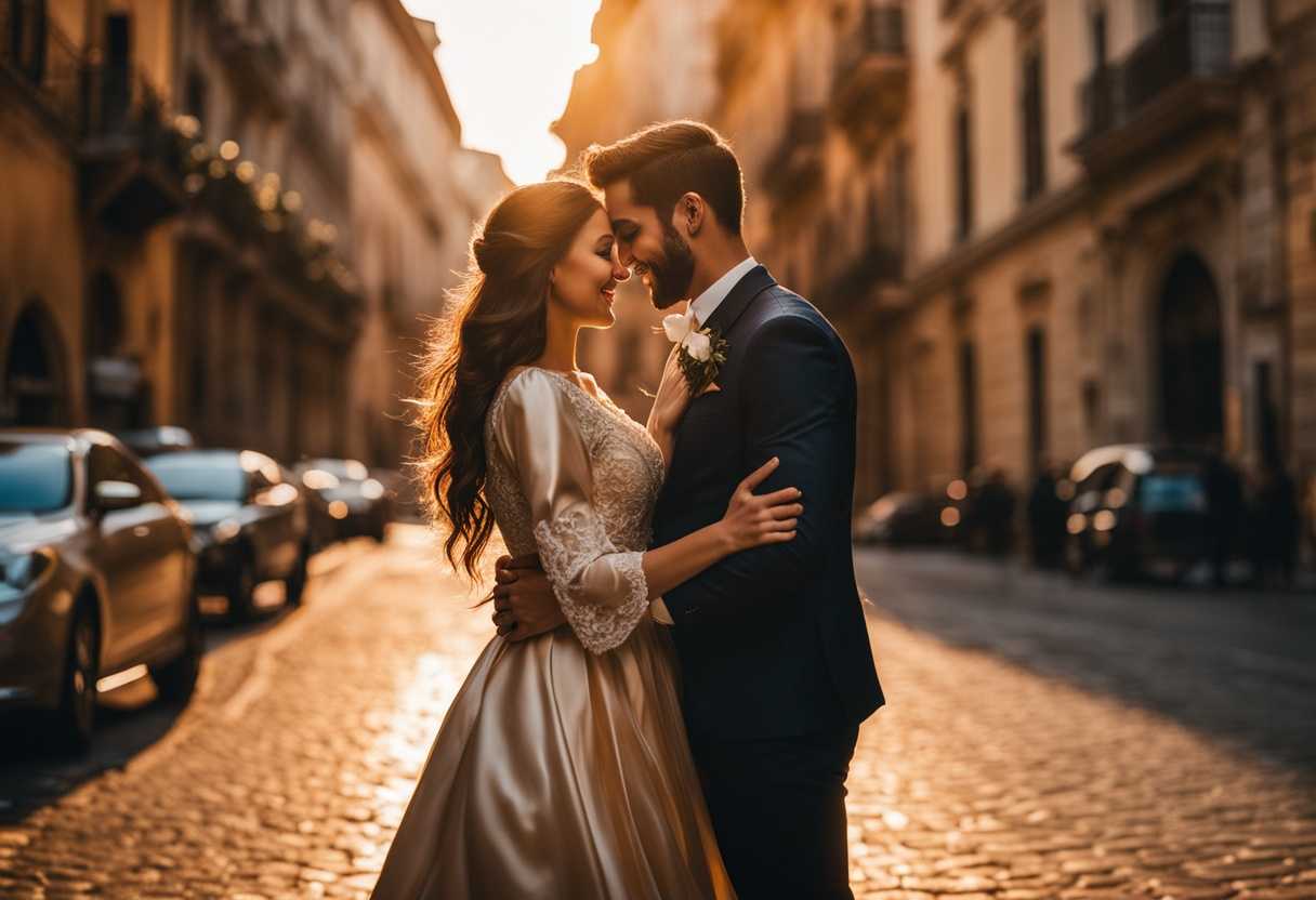 Couple-joyfully-embraces-in-golden-hour-surrounded-by-vibrant-city-life_ftfm