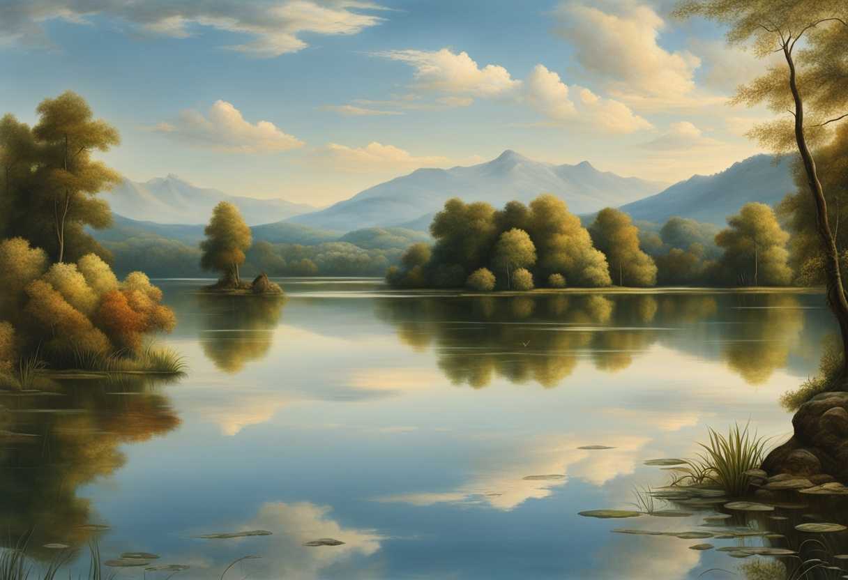 Tranquil-lake-mirrors-sky-gentle-ripples-symbolize-good-deeds-harmonious-colors-blend-peacefully_sree