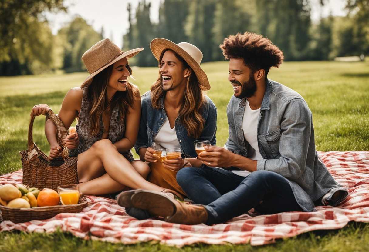 Friends-laughing-on-a-checkered-blanket-at-a-sunny-park-picnic-sharing-food-and-joy_saoj