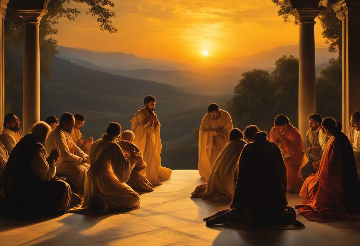 People-praying-together-under-a-golden-sunset-united-in-faith-and-devotion-creating-a-serene-and-t_knne