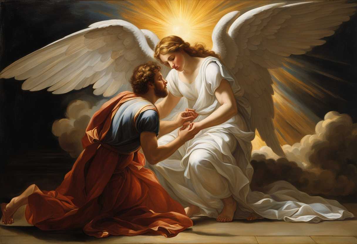Joshua-humbly-kneels-before-a-radiant-angel-bathed-in-celestial-light-in-awe_kqwb