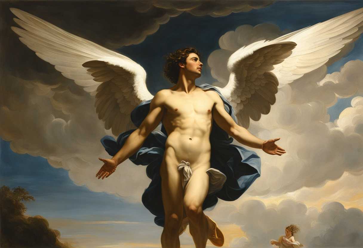 Man-gazes-in-awe-at-angel-with-outstretched-wings-bathed-in-ethereal-light_ptdy
