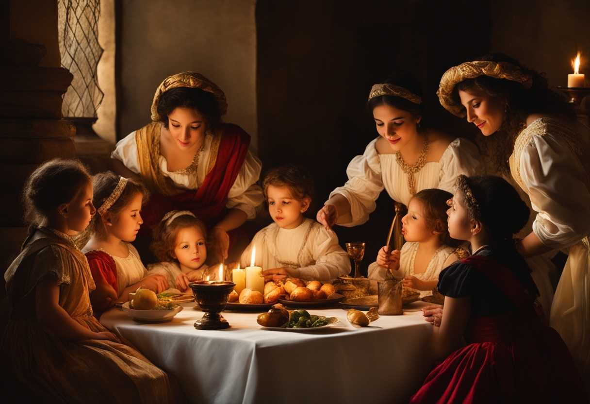 Vibrant-Passover-celebration-families-gather-traditional-foods-children-play-candles-flicker-un_wcok