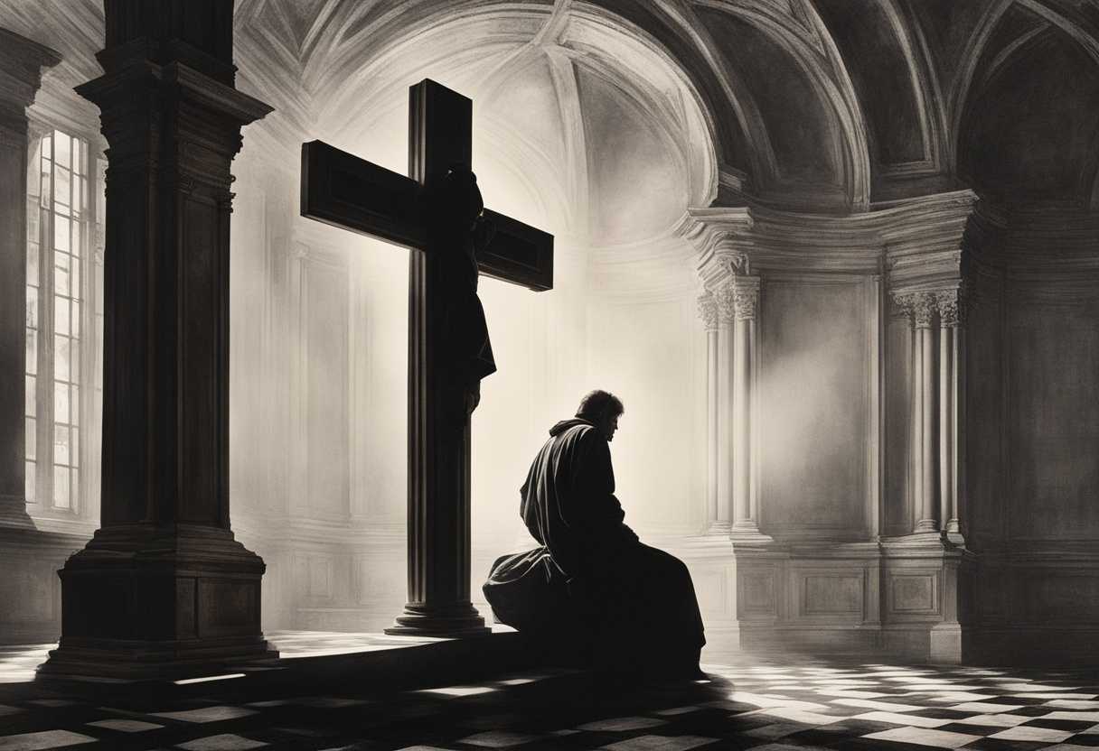 A-person-in-despair-turning-away-from-a-glowing-cross-shadows-of-doubt-somber-atmosphere_rlwz