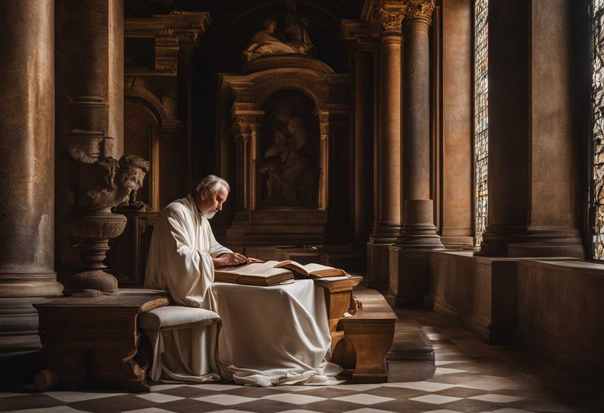 Scholarly-figure-studying-ancient-texts-surrounded-by-historical-artifacts-deep-in-prayerful-conte_axvm
