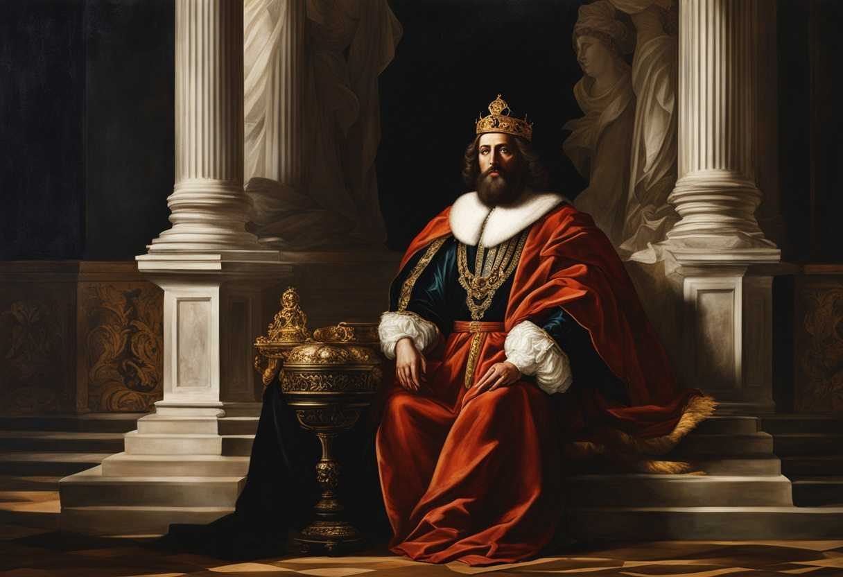 King-Jehoiakim-in-regal-attire-surrounded-by-shadows-of-impending-exile-somber-atmosphere-histori_axhb