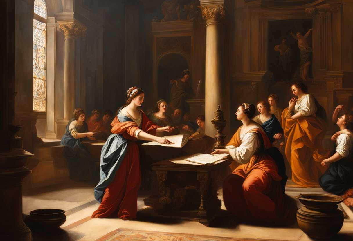 Ancient-woman-teaching-in-a-sunlit-room-scrolls-around-vibrant-early-Christian-atmosphere-detaile_ohen