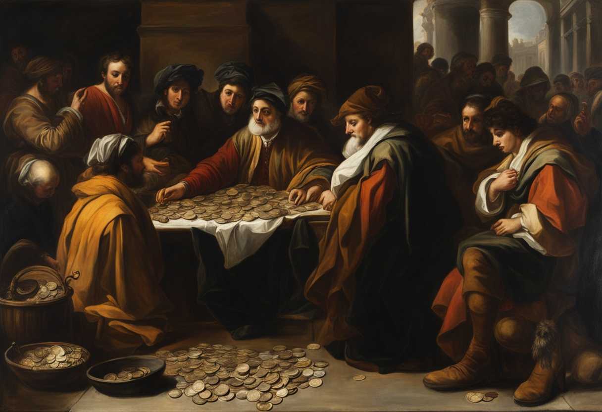 Tax-collector-in-ancient-robes-counting-coins-surrounded-by-disdainful-onlookers-dimly-lit-market_wqaq