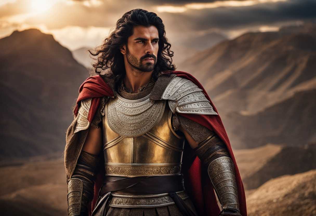Ancient-Assyrian-warrior-imposing-armor-fierce-gaze-ruins-of-Israel-in-background-dramatic-light_jntk