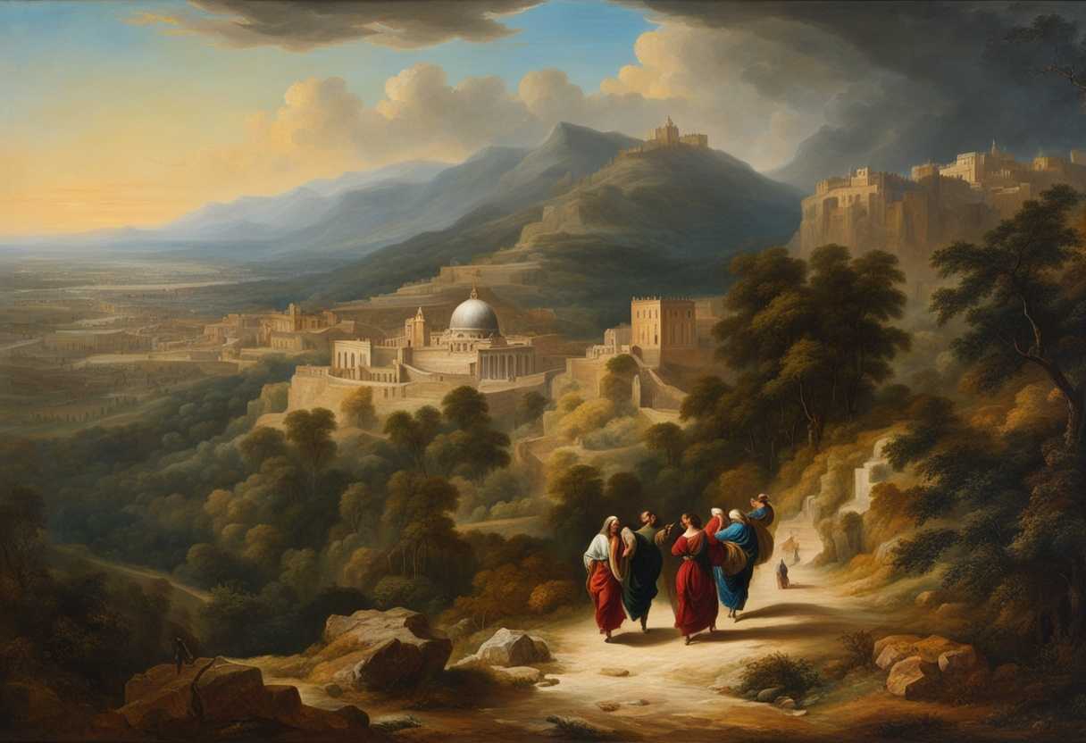 Pilgrims ascending snow-covered hillside toward temple at summit main image 1