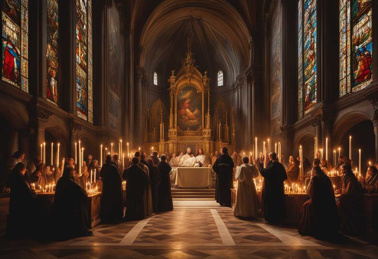 Liturgical-scene-with-worshippers-singing-a-doxology-candles-flickering-stained-glass-illuminating_zkte