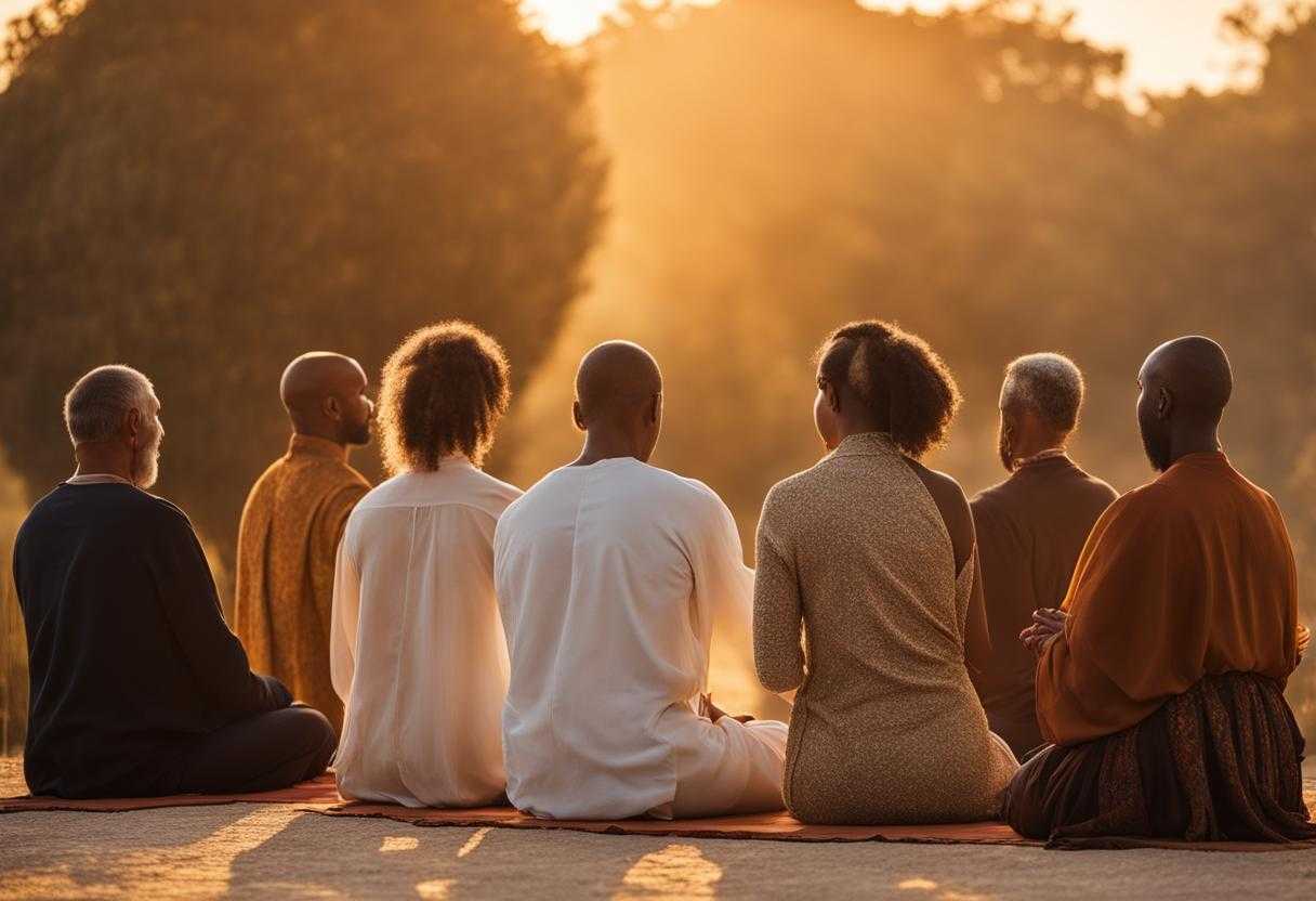 diverse-group-of-people-praying-or-meditating-in-the-soft-golden-light-of-the-setting-sun-quiet-re