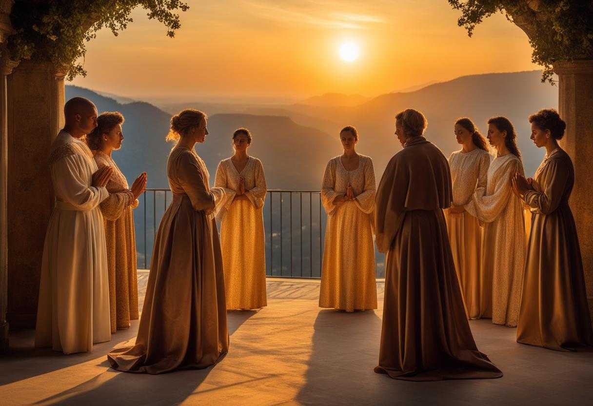family-members-standing-in-a-circle-heads-bowed-in-prayer-warm-golden-light-setting-sun-serene-
