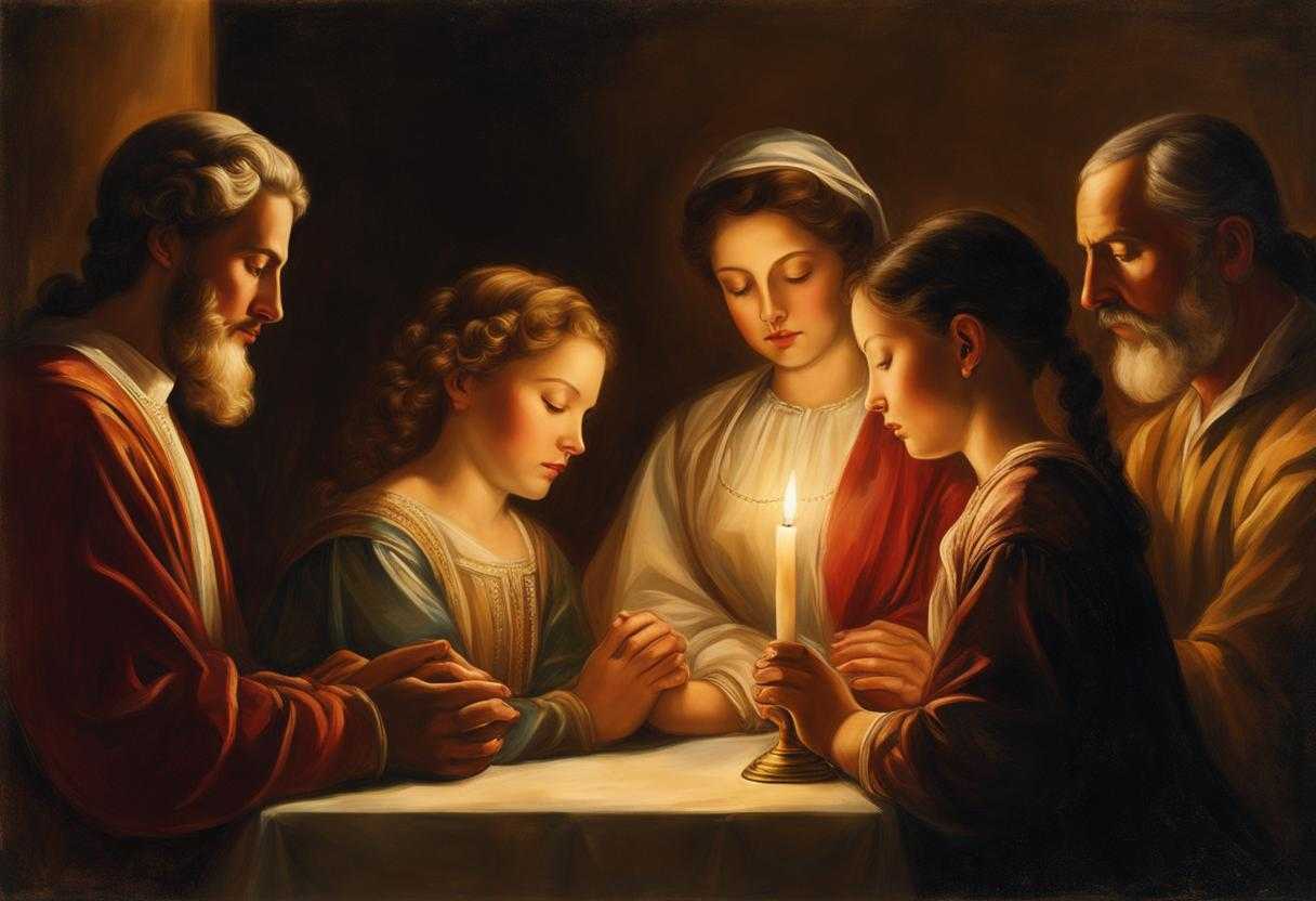 family-praying-together-warm-light-setting-sun-soft-glow-serene-atmosphere-peaceful-clasped-ha