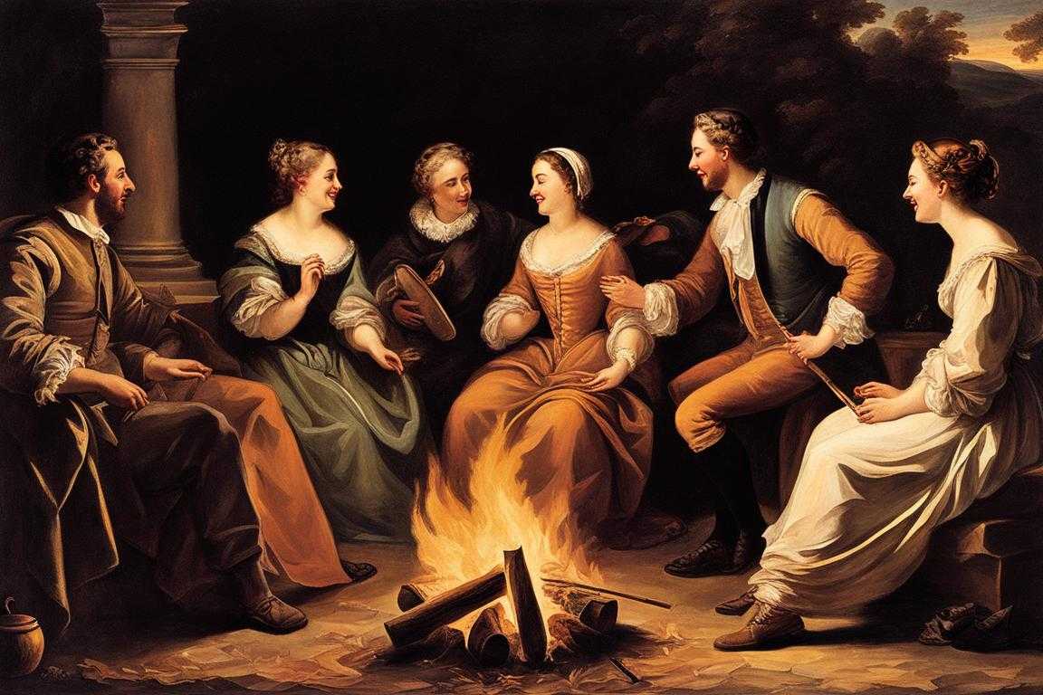 group-of-people-gathered-around-a-campfire-faces-illuminated-by-warm-glow-laughing-and-deep-in-con