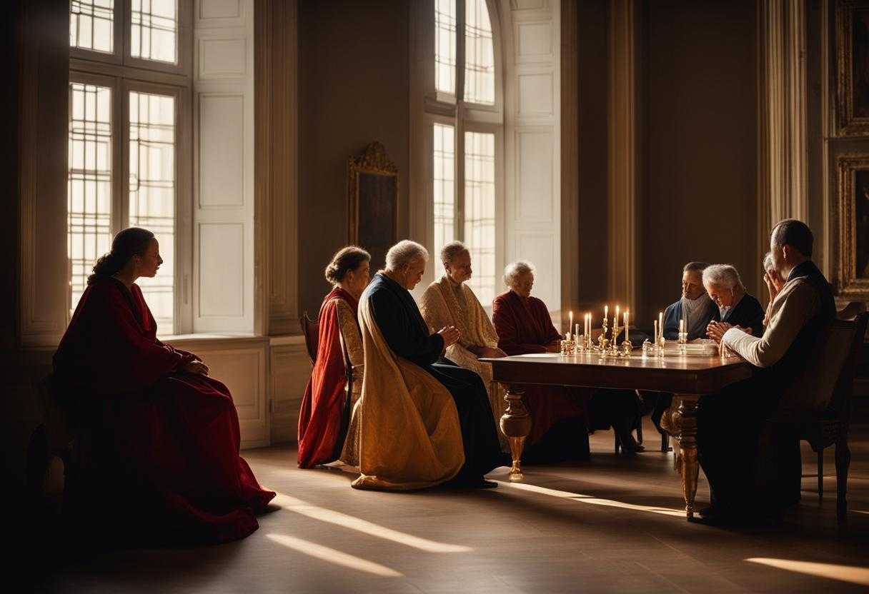 group-of-people-in-a-meeting-heads-bowed-in-prayer-soft-light-filtering-through-the-window-serene_bbft