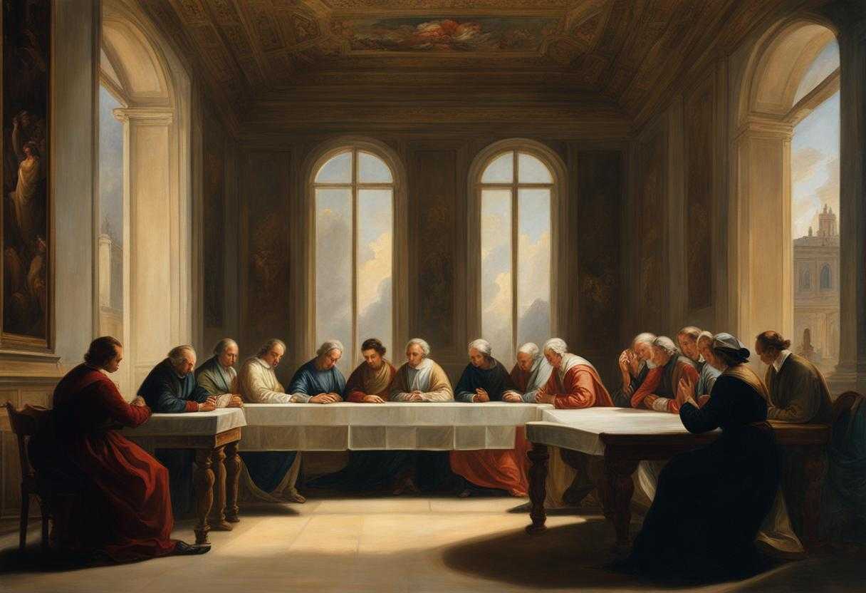 group-of-people-in-a-meeting-seated-around-a-table-heads-bowed-in-prayer-soft-light-filtering-thr_ilzm