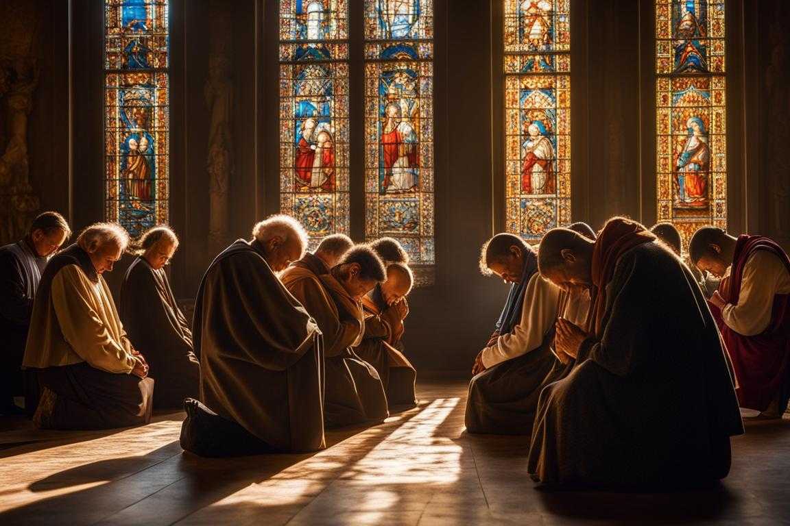 group-of-people-praying-huddled-together-heads-bowed-in-prayer-hands-clasped-tightly-soft-light-