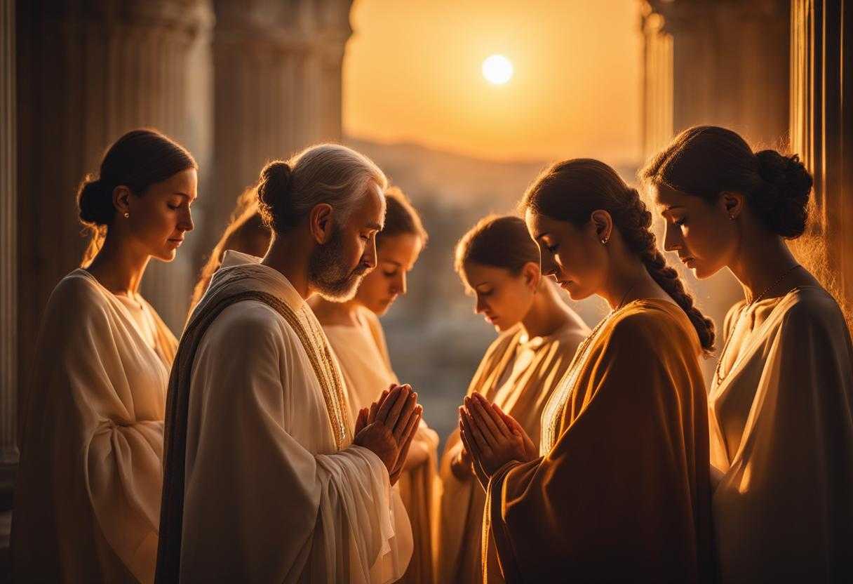 group-of-people-praying-warm-glow-of-setting-sun-soft-golden-light-serene-atmosphere-heads-bowed