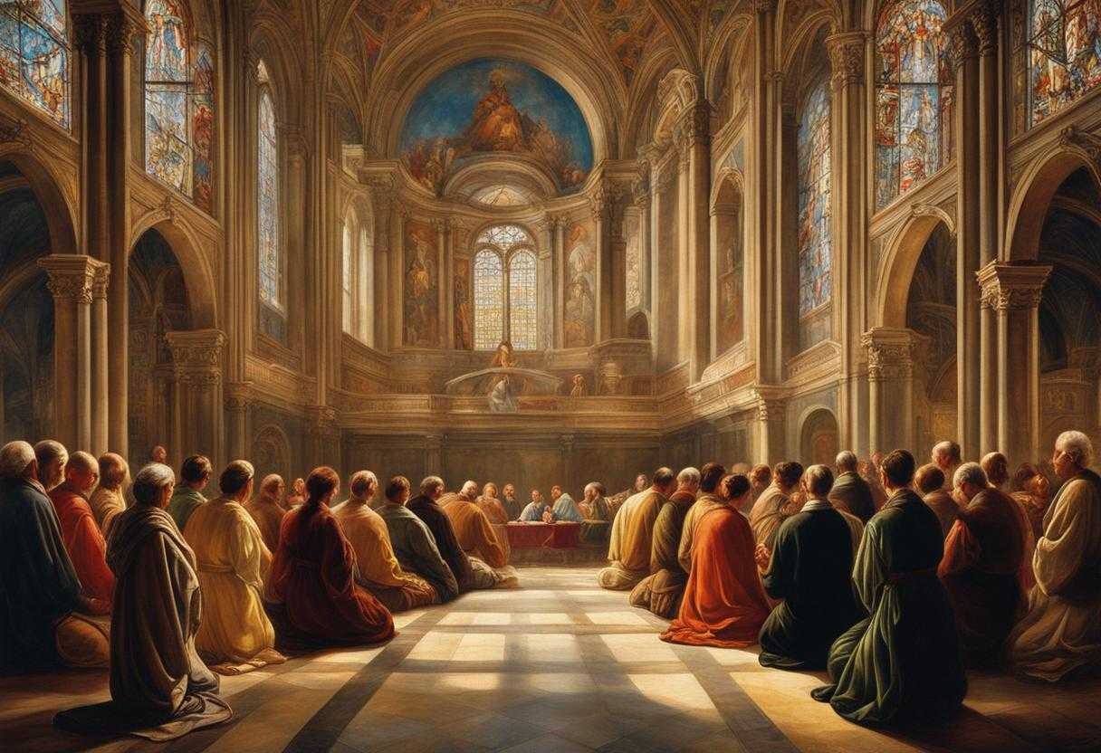 group-of-people-praying-warm-soft-light-stained-glass-gentle-glow-bowed-heads-clasped-hands-se