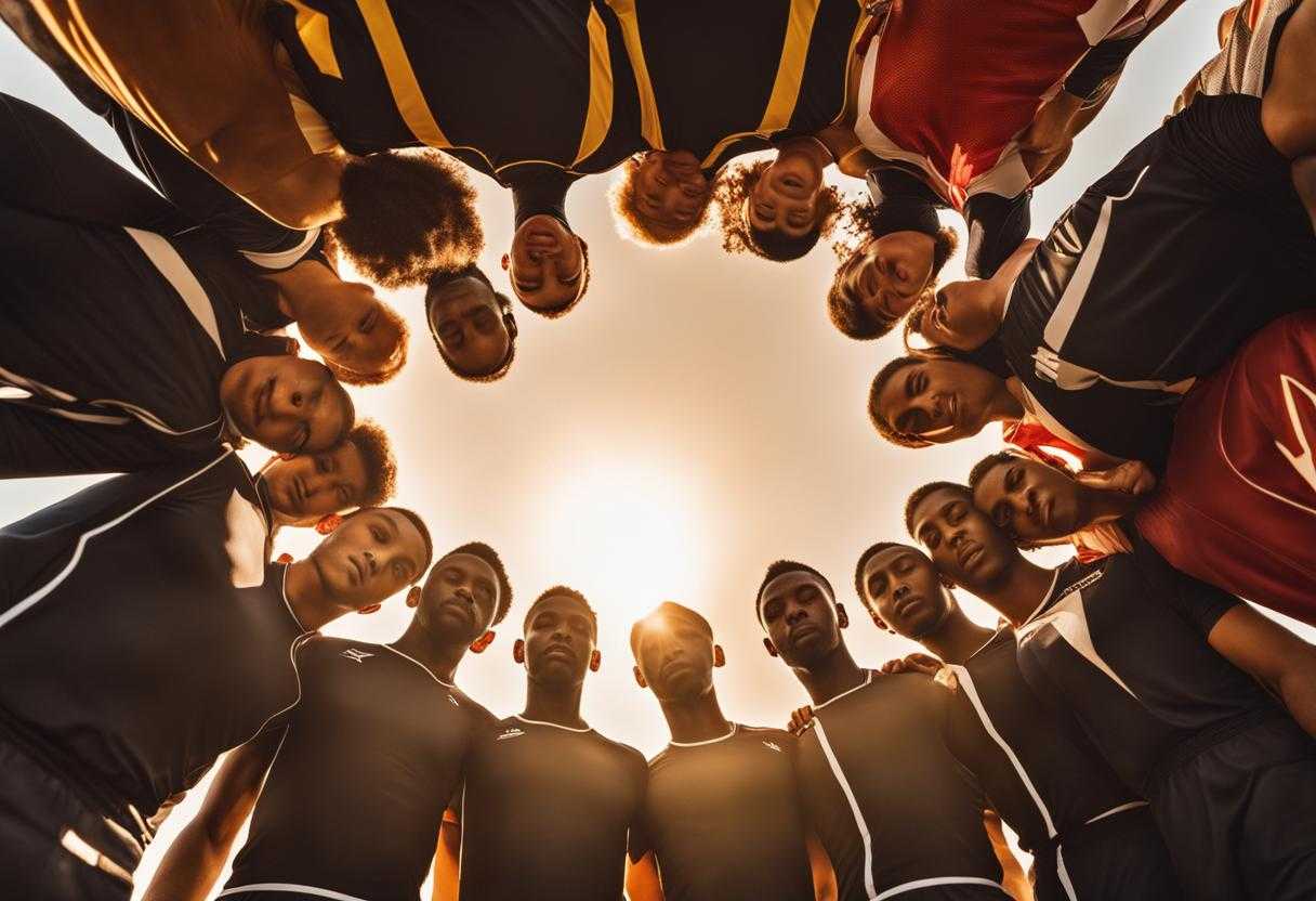 group-of-people-sports-team-huddle-morning-sun-warm-glow-circle-heads-bowed-reverence-determ