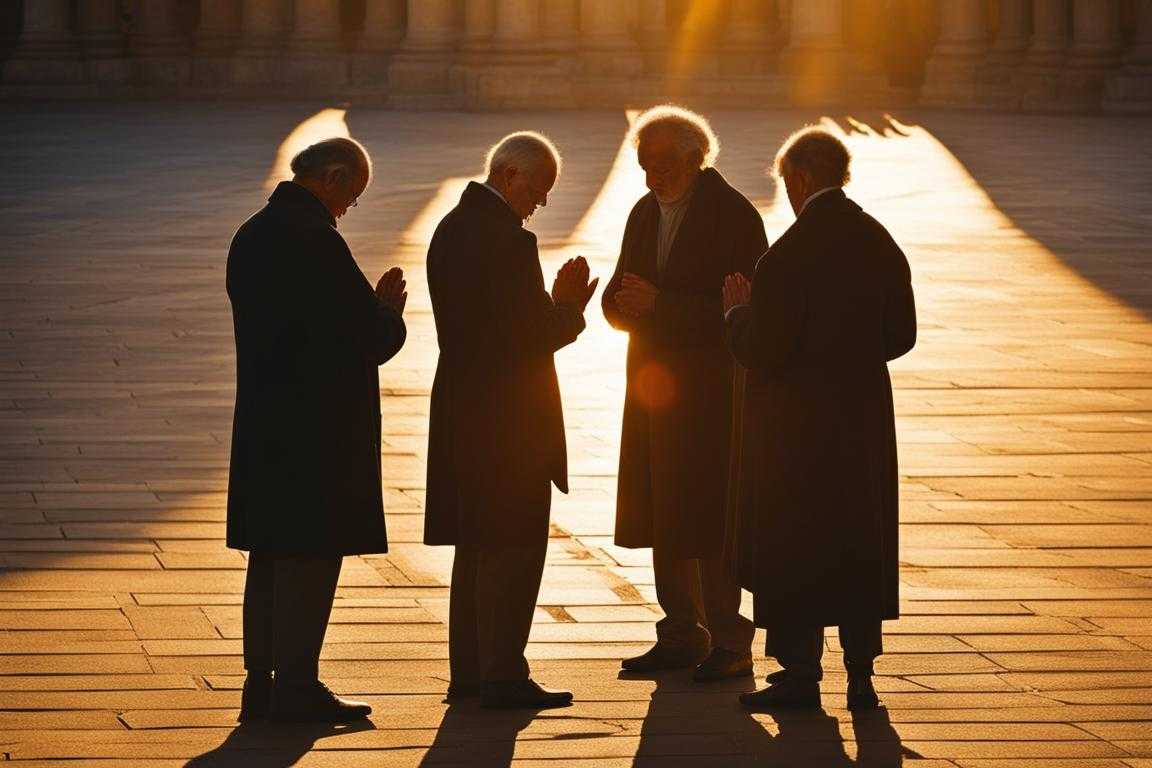 group-of-people-standing-in-a-circle-heads-bowed-in-prayer-warm-glow-of-setting-sun-casting-long-s