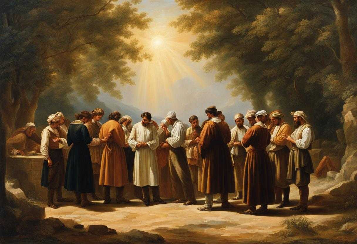 group-of-workers-standing-in-a-circle-heads-bowed-in-prayer-hands-clasped-together-sunlight-filte
