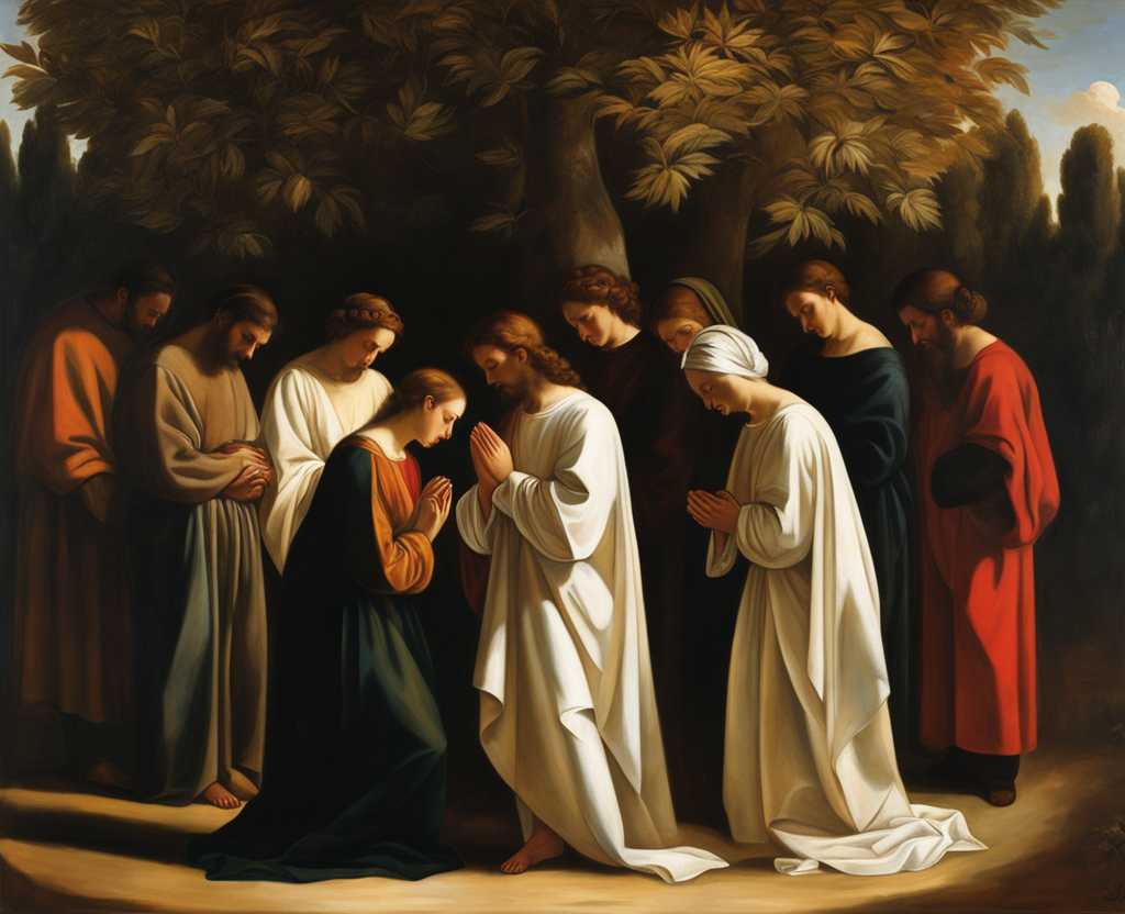 group-of-people-standing-in-a-circle-heads-bowed-in-prayer-warm-sunlight-filtering-through-trees-