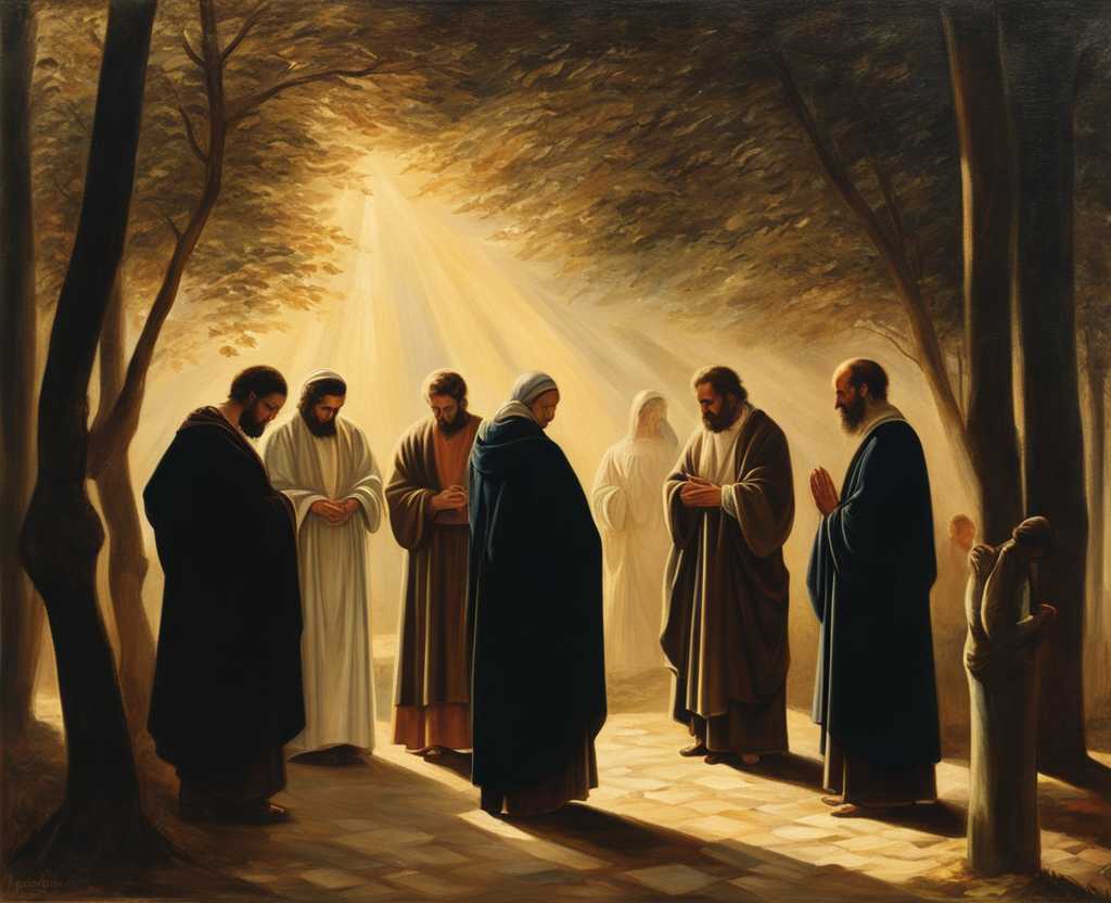 group-of-people-standing-in-a-circle-heads-bowed-in-prayer-warm-sunlight-filtering-through-trees-