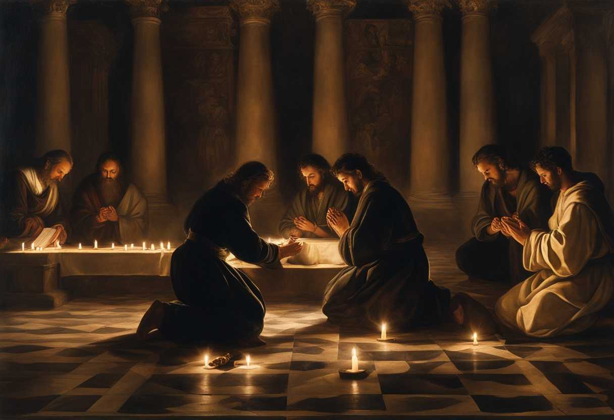 Devout-individuals-kneeling-in-prayer-illuminated-by-soft-candlelight-surrounded-by-sacred-symbols_rwnu