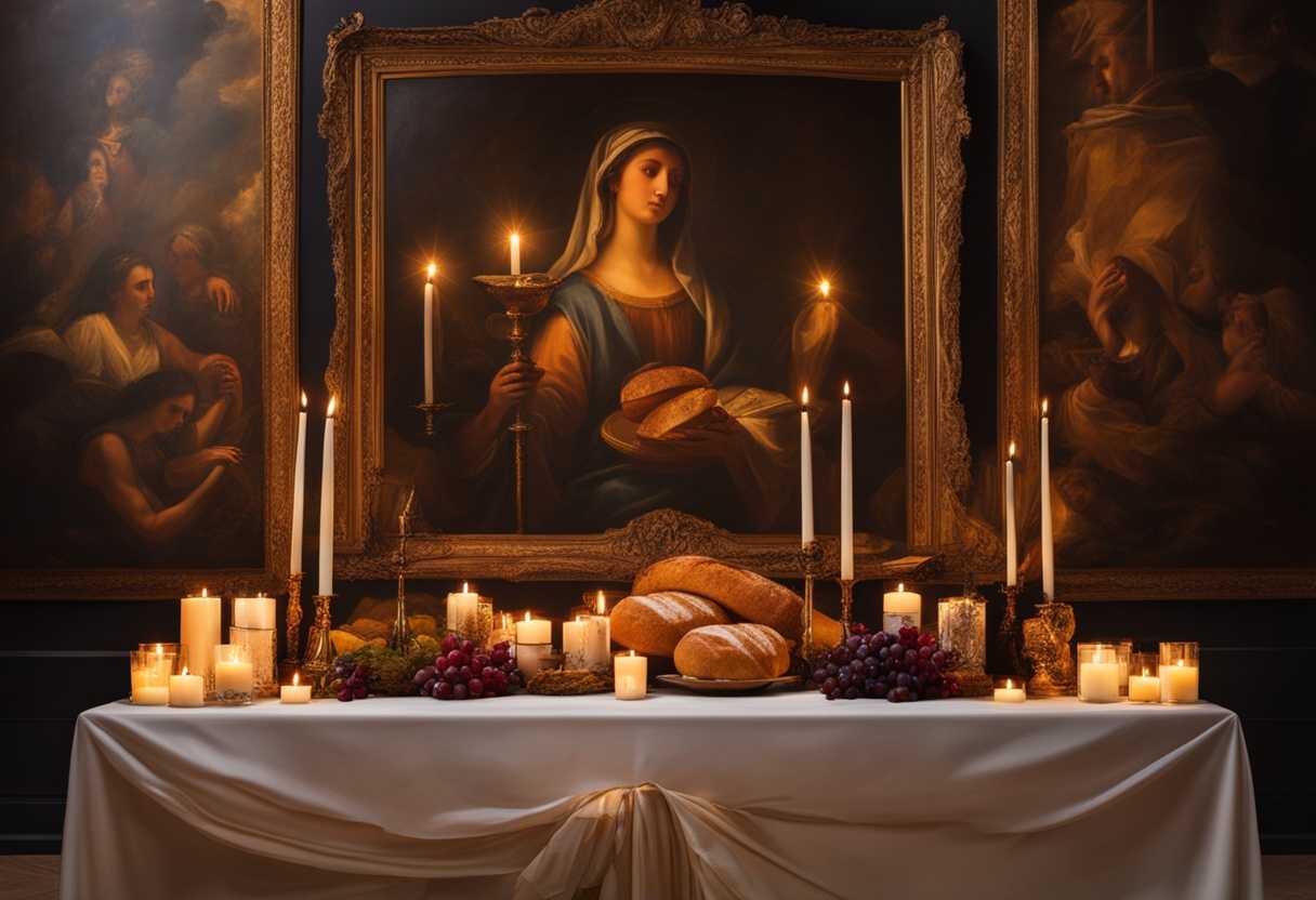Sacred-altar-adorned-with-candles-bread-and-wine-serene-worshippers-in-prayerful-reflection_rgvf