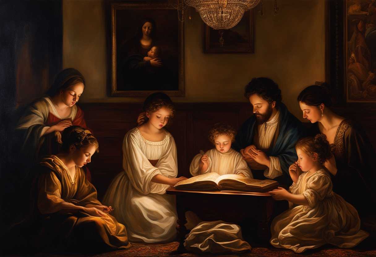 A-family-gathered-in-prayer-sharing-stories-surrounded-by-heirlooms-warm-light-heartfelt-connect_vstp